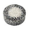 Decorative Box, 10 Inch Round White, Black Mother of Pearl Inlay, Capiz