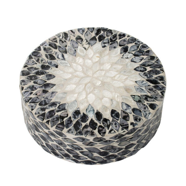 Decorative Box, 10 Inch Round White, Black Mother of Pearl Inlay, Capiz