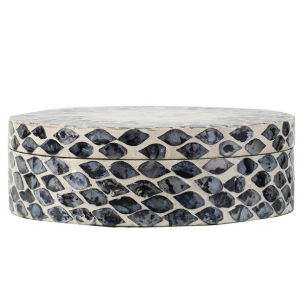 Decorative Box, 10 Inch Round White, Black Mother of Pearl Inlay, Capiz