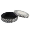 Decorative Box, 10 Inch Round White, Black Mother of Pearl Inlay, Capiz