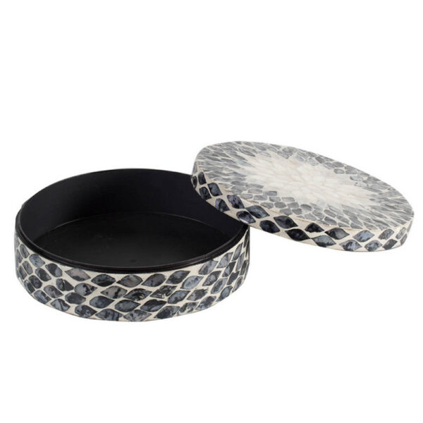 Decorative Box, 10 Inch Round White, Black Mother of Pearl Inlay, Capiz