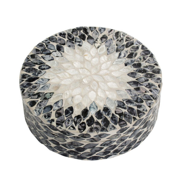 Decorative Box, 10 Inch Round White, Black Mother of Pearl Inlay, Capiz