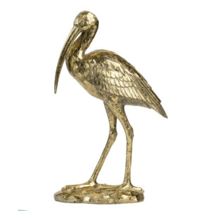 Standing Crane Figurine, 16 Inch Antique Gold Resin, Textured Feathers