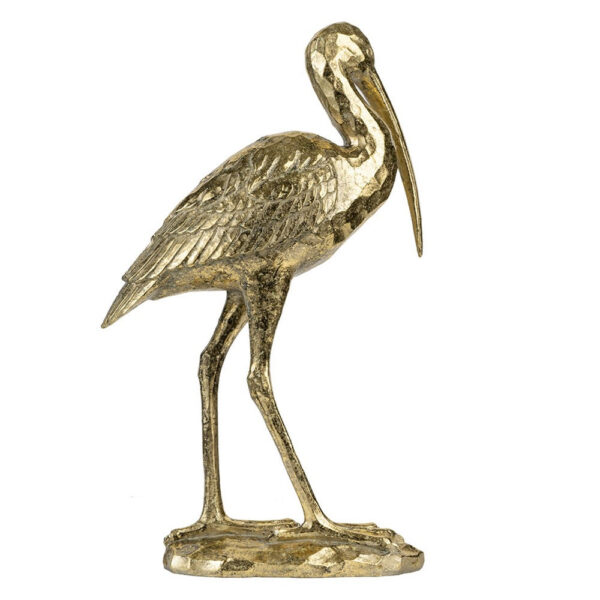 Standing Crane Figurine, 16 Inch Antique Gold Resin, Textured Feathers