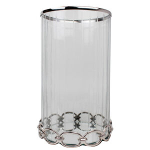 Vintage Candle Holder, Clear Glass Hurricane, 18 Inch Silver Accent Rim