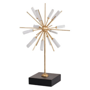 Starburst Sculpture on Black Base Stand, White Stones, Gold Metal Rods, 23 Inch