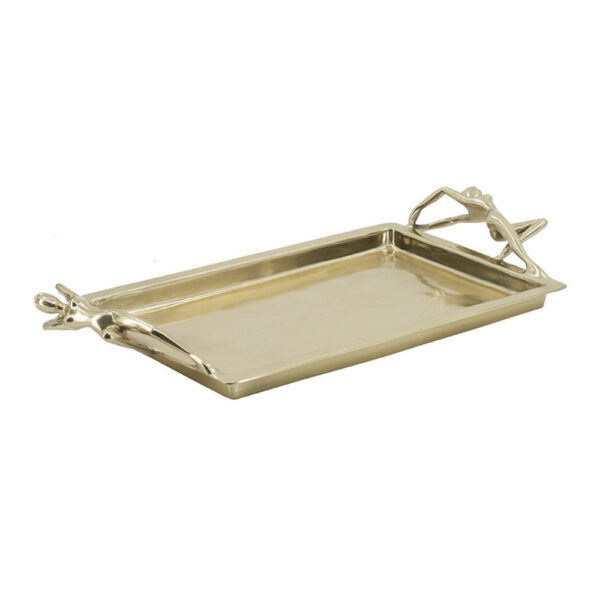 010720266a4463753aae9.jpeg Decorative Tray, Vintage Figural Handles, Polished Gold Aluminum 25 Inch