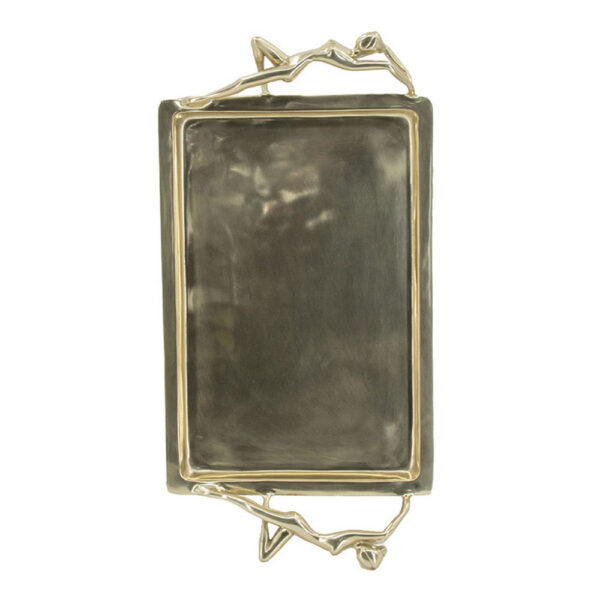 010720266a446380e1911.jpeg Decorative Tray, Vintage Figural Handles, Polished Gold Aluminum 25 Inch
