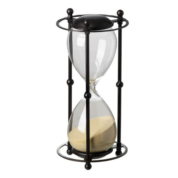 010720266a4464cd91d62.jpeg Iaon Hourglass Timer with Beige Sand, Tabletop 13 Inch Black Iron Stand