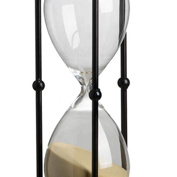 010720266a4464da30a43.jpeg Iaon Hourglass Timer with Beige Sand, Tabletop 13 Inch Black Iron Stand