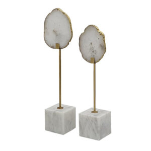 Decorative Statute Set of 2, White Agate Stone and Marble, Gold Accent