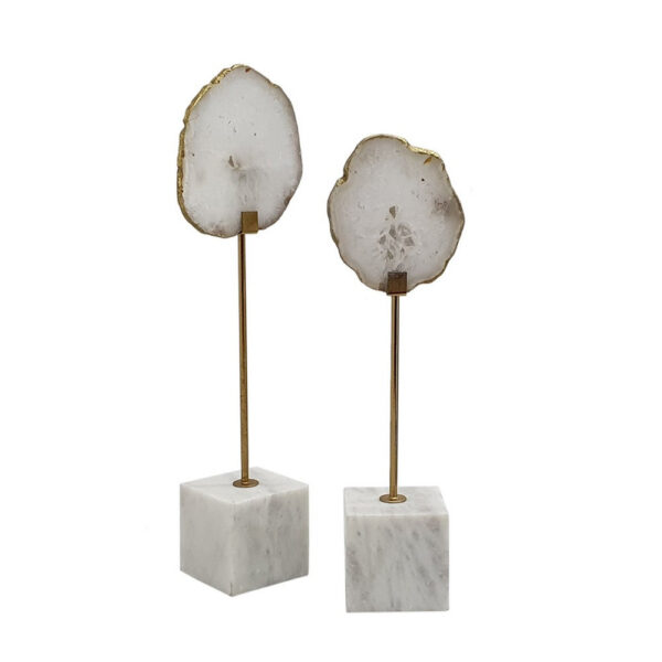 Decorative Statute Set of 2, White Agate Stone and Marble, Gold Accent