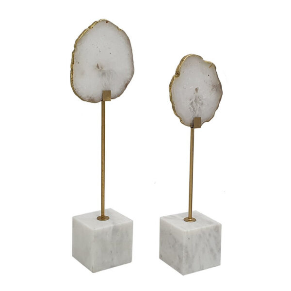 Decorative Statute Set of 2, White Agate Stone and Marble, Gold Accent