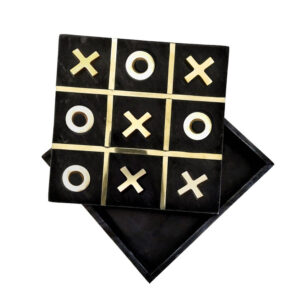 Leza Tic Tac Toe Game Set, Black Marble with Gold Inlay, 12 Inch