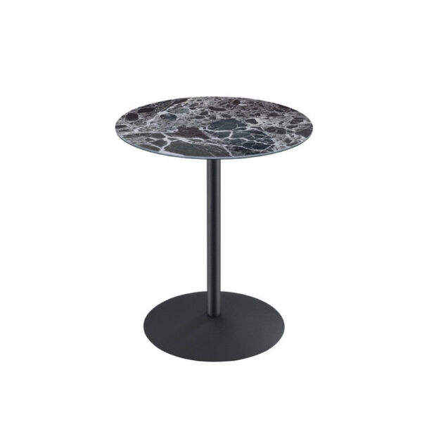 Ciry Side End Table, 18 Inch Round Marble Glass Top, Steel Base, Black