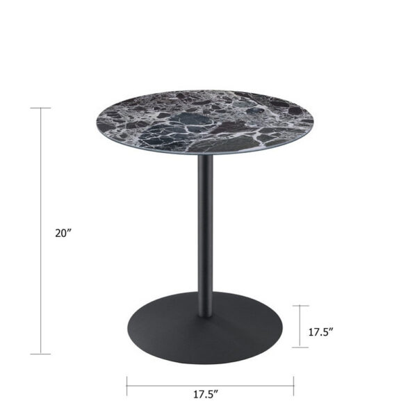 Ciry Side End Table, 18 Inch Round Marble Glass Top, Steel Base, Black
