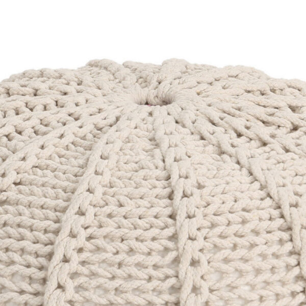 310720266a6d103eaad5d.jpeg Round Knitted Pouf Ottoman, Handwoven Details, 20 Inch Beige Cotton