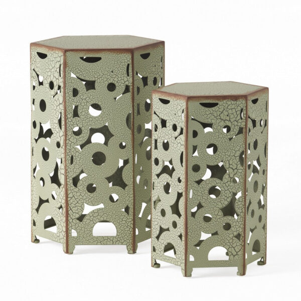 Silva Accent Table Set of 2, Hexagonal Top, Cut Pattern, Green Iron