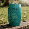 Outdoor Garden Stool Side Table, Lace-Cut 12 Inch Top, Teal Iron