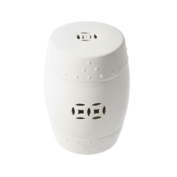 Garden Accent Stool, 17 Inch Round Drum Shape, White Ceramic, Cut Out Details