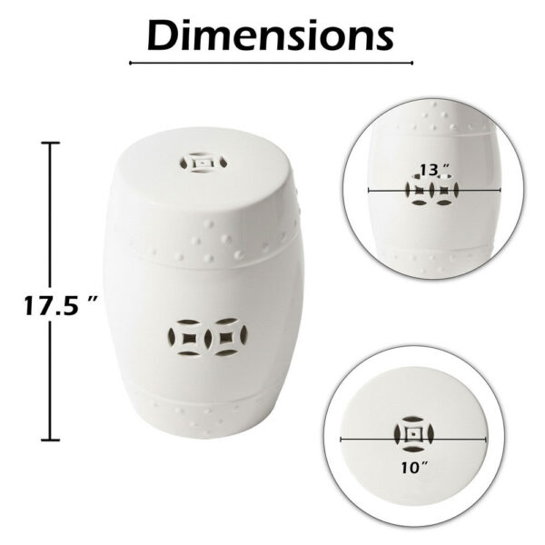 Garden Accent Stool, 17 Inch Round Drum Shape, White Ceramic, Cut Out Details