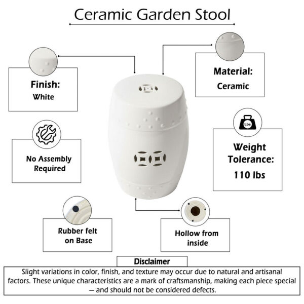 Garden Accent Stool, 17 Inch Round Drum Shape, White Ceramic, Cut Out Details